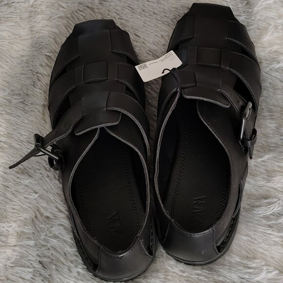 Men Zara Cage Buckle Up Sandals/Shoes Leather Black size (43 EUR) (10 USA) main image 9